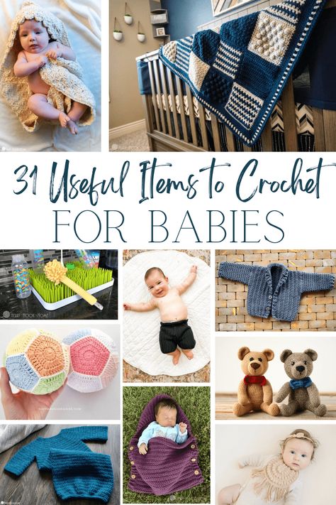 Whether you're looking for baby blankets, rattles, sleepers, or lovies, these 31 useful baby crochet patterns for babies is sure to please! Crochet And Knitting Gifts, Crochet Ideas For Newborn Baby, Beginner Crochet Baby Projects, Cute Baby Crochet Ideas, Crochet Sleep Sack Baby, Crochet Patterns Amigurumi Animals, Gender Neutral Crochet Baby Gifts, Crochet Newborn Patterns, Chrocet Blankets