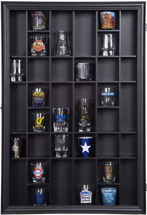 Modern Display Organization Ideas Trophy Display Shelves, Lego Display Shelf, Glass Display Unit, Shot Glass Display, Shot Glasses Display, Souvenir Display, Shot Glass Holder, Trophy Display, Glass Display Case