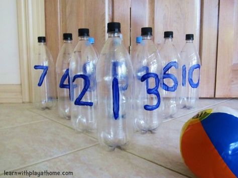 Plastic Bottle Number Bowling from Learn with Play at Home featured on hands on : as we grow Sports Activities For Kids, Gross Motor Activities, Creative Curriculum, Sport Craft, Theme Activity, Play Based Learning, Gross Motor Skills, Gross Motor, Motor Activities