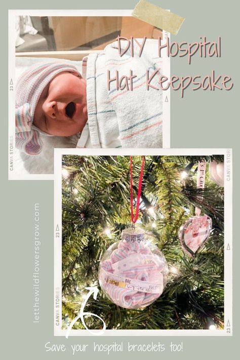 Easy DIY Christmas ornament keepsake for your baby's hospital hat and your hospital bracelets. I don't know about you but I didn't want to just throw away our first set of matching bracelets, and she got 3 hats from the hospital so I wanted to preserve some of these special items in a keepsake. Visit my blog to learn more tips on how you can create this easy DIY hospital hat keepsake. Hospital Hat Ornament, Baby Hospital Bracelet Ornament, Hospital Bracelet Ornament, Newborn Ornament Diy Baby Keepsake, Baby Sonogram Ornament Diy, Hospital Bracelet Keepsake, Newborn Ornament Diy, Newborn Christmas Ornament Diy, Baby Ornament Keepsake