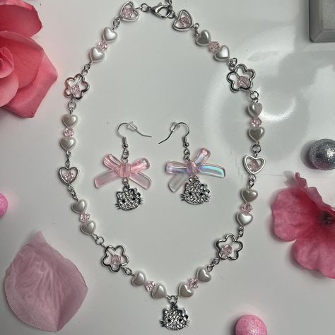 Hello kitty necklace & earring set 💕 

#hellokitty... - Depop Coquette Jewelry, Hello Kitty Necklace, Diy Choker, Kitty Necklace, Hello Kitty Jewelry, Eye Pins, Earrings Beaded, Cat Necklace, Necklace Earring Set