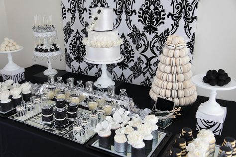 Glamorous Black and Silver and White Dessert table by Divine Sweets and Cakes | Flickr - Photo Sharing! White Dessert Tables, White Desserts, Black White Parties, Diamond Party, Big Company, Silver Party, Wedding Dessert Table, Silver Table, Table Inspiration