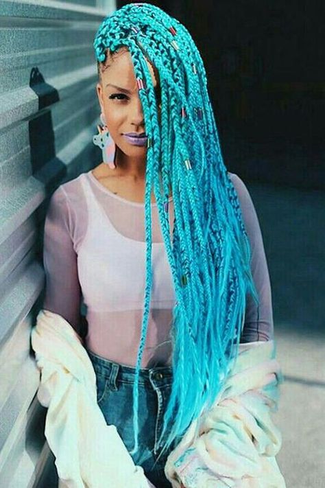 Coloured Braids, Dreadlock Inspiration, Braid Colors, Blue Box Braids, Kanekalon Braids, Colored Box Braids, Kanekalon Braiding Hair, Blonde Box Braids, Big Box Braids