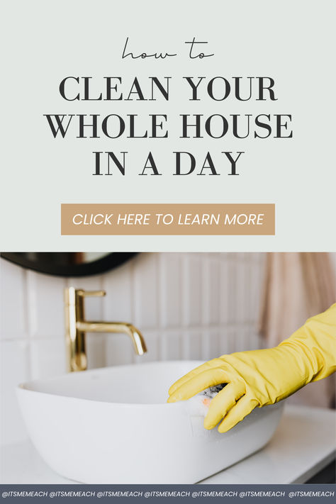 A graphic that says "how to clean your whole house in a day". Whole House Cleaning Checklist One Day, Full House Clean In One Day, Cleaning House In One Day, Clean Entire House In One Day, Clean Whole House In A Day, Whole House Cleaning In One Day, How To Keep House Clean, Clean House In One Day, Whole House Cleaning Checklist