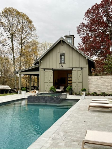 Ideas from the Southern Living Idea House Pool House Kitchen Ideas, French Country Pool House, Farm Pool House, Pool House With Fireplace, Pool House Guest House Combo, Country Pool House, Farmhouse Swimming Pool, Guest Pool House, Farmhouse Pool Ideas