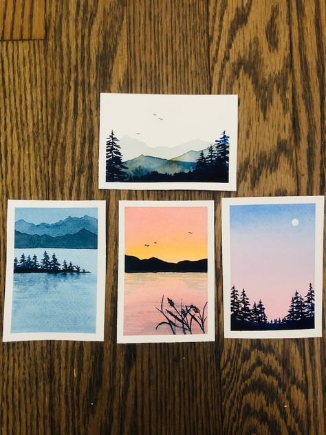 Small Watercolor Painting, Handmade Painting, Landscape Watercolor - Etsy Handmade Postcards Diy, Watercolor Art Small Paper, Small Card Painting, Display Watercolor Paintings, Mini Watercolor Paintings Simple, Mini Watercolour Painting, Watercolor Postcards Ideas, Watercolor Polaroid Paintings, Watercolor Landscape Easy