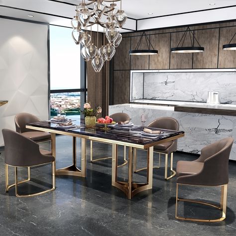 Modern Luxury Marble Dining Tables and Chairs Set Stainless Steel Gold Base  Kitchen Dining Table Metal Base Dining Table, Luxury Dining Table, Esstisch Modern, Luxury Marble, Rectangle Dining Table, Marble Table Top, Table Extensible, Marble Dining, Square Dining Tables