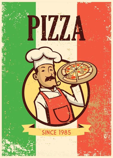 retro style chef presenting a plate of pizza Vintage Pizza, Pizza Vector, Pizza Poster, Tiki Mask, Flag Painting, Brick Wall Background, Italy Photography, Applied Arts, Mascot Design