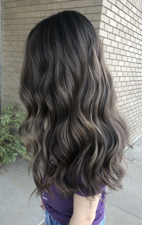 Dark Ash Gray Balayage, Ash Beige Balayage On Black Hair, Smoky Brown Hair With Highlights, Dark Ash Highlights On Dark Hair, Beige Brown Balayage On Dark Hair, Babylights Ash Brown, Ash Brown Shadow Balayage, Skeleton Brown Hair, Mushroom Brown Babylights