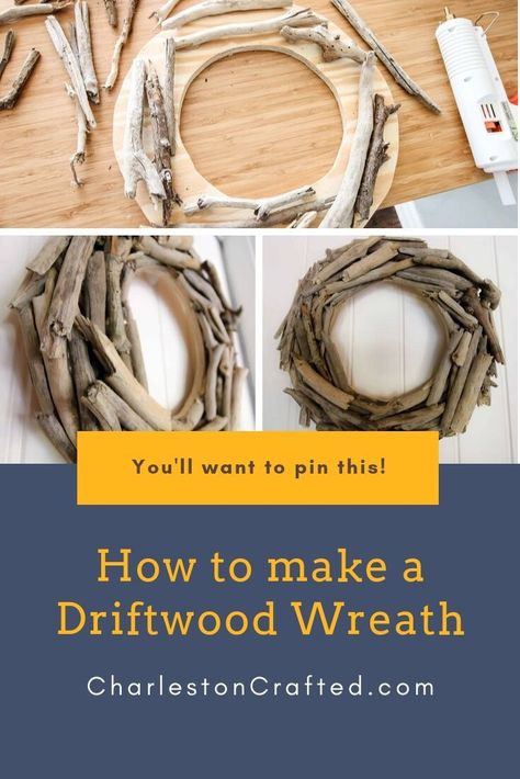 Want a wooden wreath for your home? Whether you want a wreath for Christmas, summer, or any holiday, you have to check out this DIY driftwood wreath! This easy idea could use branches or twigs, too. It's easy to get this rustic look using whatever wood you have at hand! Click the link for the full tutorial.  #charlestoncrafted #woodwreath #wreath #crafts #christmaswreath #coastal #beachdecor Bamboo Wreath Ideas, Driftwood Christmas, Twig Crafts, Diy Driftwood, Wreath For Christmas, Driftwood Wreath, Purple Christmas Tree, Christmas Summer, Driftwood Furniture