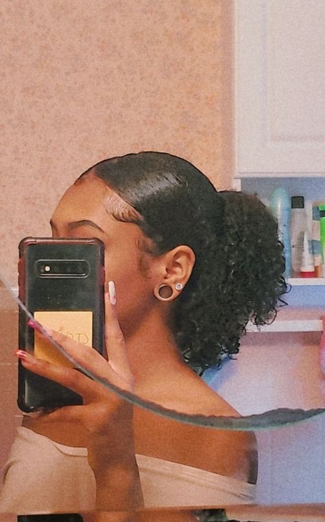 Half up and half down. Slick back ponytail. Edges. Stretched ears. Gauge Ears Black Women, Ear Gauges Aesthetic Black Women, Gauges On Black Women, Guages With Piercings, Ear Gauges Black Women, Stretched Ears Black Women, Small Gauges Women, Gauges Black Women, Gauged Ears Women