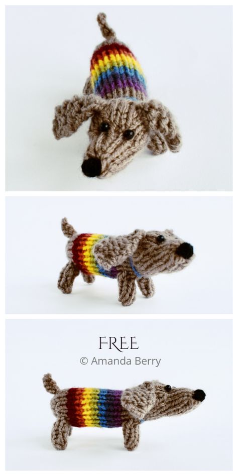 Amigurumi Sausage Dog Free Knitting Patterns - Knitting Pattern Knitted Animals Free Patterns Easy, Small Knitting Projects Free, Knitted Dachshund, Knit Animals, Knitting Patterns Free Dog, Diy Tricotin, Christmas Knitting Patterns Free, Miniature Knitting, Animal Knitting Patterns