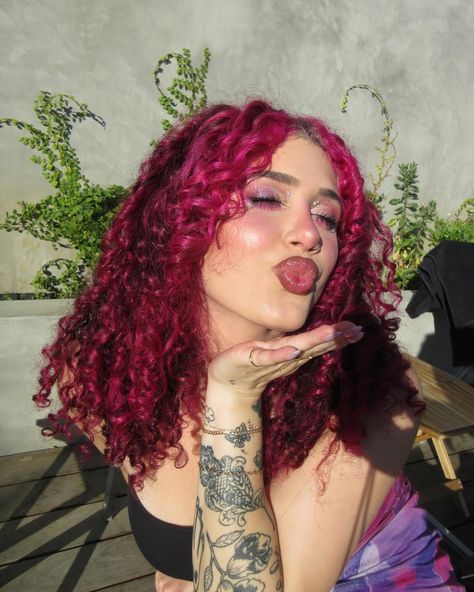 kisses from ur fave curly haired bestie💌✨💖 - - thank you @overtonecolor for the BEST time❤️‍🔥 #pinkcurlyhair #pinkcurls pink curly hair, pink curls, curlspo, curly hair inspo, vivid curls, magenta hair Red And Pink Curly Hair, Curly Dyed Hair Natural Curls Pink, Magenta Curly Hair, Pink Curly Hair, Curly Hair Inspo, Pink Curls, Hair Change, Magenta Hair, Dyed Curly Hair