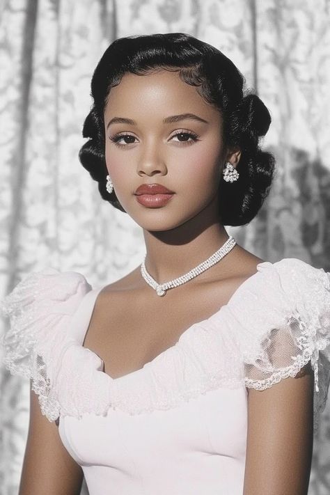 50s Black Women Makeup, Pin Curls Aesthetic, 70s Glamour Shots, 50s Black Women Hairstyles, Fashion Gifs Aesthetic, 1940s Blonde Woman, 1940s Makeup Black Women, Black Princess Face Claim, Vintage Afro Hairstyles