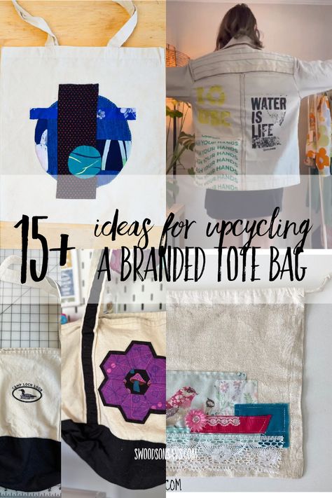 Upcycled tote bags - 13+ ways to makeover a logo tote; a round-up of fun ways to refashion a canvas promotional bag. Upcycle Bags Ideas, Upcycle Tote Bag, Upcycled Tote Bags, Reusable Shopping Bags Diy, Tote Bag Craft, Hand Inspiration, Upcycled Sewing, Upcycled Purse, Upcycled Tote