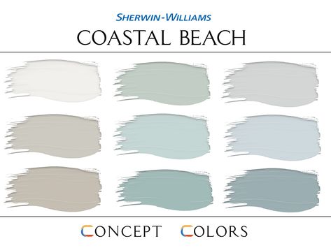 Sherwin Williams Coastal Beach Paint Palette, Coastal Beach Home Paint Colors, Complementary Whole House Paint Colors, Home Paint Guide, sw color palette, paint palette, complementary paint, sherwin williams, Concept Colors, Architectural Tips, Home color palette, House Paint Colours, Professional Home Paint, interior wall color real photo, modern farmhouse, coastal beach, home paint colors, coastal beach colors, front door colors, home paint palette, sw hinting blue, sw tidewater, home color Sherwin Williams Coastal, Whole House Paint Colors, Home Paint Colors, Coastal Palette, Wythe Blue, Beach Color Palettes, House Paint Colors, Coastal Paint Colors, Coastal Paint