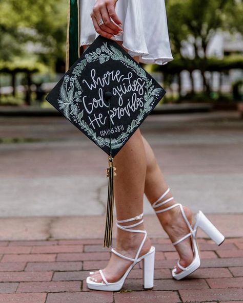 Bible Verse Graduation Cap, December Graduation, College Cap Decorations, Bible Verse Graduation, Graduation Cap Pictures, Graduation Party Outfit, Where God Guides He Provides, High School Graduation Cap Designs, Teacher Graduation Cap