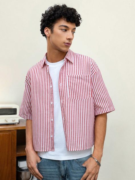 Men's Casual Loose Fit Striped Short Sleeve Woven Shirt Red and White   Short Sleeve Woven Fabric   Non-Stretch  Men Clothing, size features are:Bust: ,Length: ,Sleeve Length: Red Striped Shirt Outfit, Outfits Con Camisa, Red Striped Shirt, Grey Colour Suit, Man Weave, Men Shirts, Striped Short, Casual Stripes, Loose Shorts