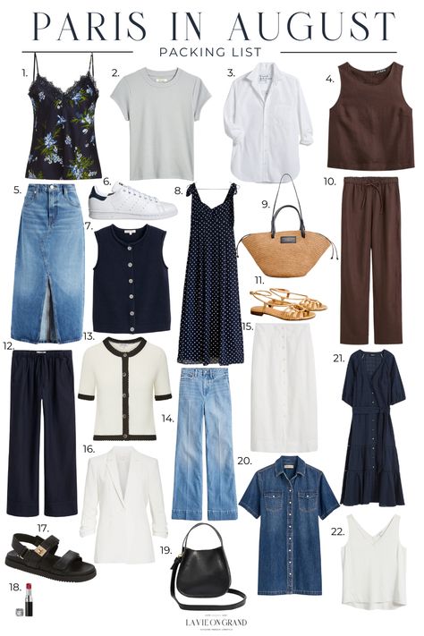 How to pack for Paris in August. 22 classic, chic, and comfortable pieces to pack for Paris during the summer season. How To Look Chic In Summer, Italy October Packing List, Things To Pack For Paris, Nice Travel Outfits, London Packing List September, August Style Outfits, 10 Outfits In A Carry On, Capsule Wardrobe Packing List, Paris Wardrobe Summer