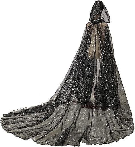 Hooded Cloaks For Women, Tulle Cape Dress, Prom Dress With Hooded Cape, Black Wedding Dress With Cape, Wedding Cloak Hooded Capes, Nightcourt Ball, Starry Cloak, Elf Cloak, Tulle Cloak