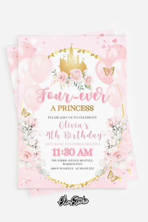 'Four Ever a Princess' invitation template, perfect for your 4th birthday princess party. It's more than just an invitation — it's the first chapter of a fairytale celebration. Princess Adoption Party, Forever A Princess Party, Four Ever A Princess Birthday, Fairytale Birthday Party, Gold Castle, Princess Birthday Party Ideas, Fairytale Birthday, Princess Invitation, Princess Theme Birthday