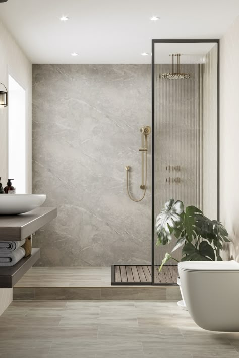 Looking to revamp your bathroom in 2024? Stay on-trend with our favourite looks for this year ✨  Say hello to Scandi & Japandi, both simple and functional trends which will transform your bathroom into a calming oasis with clean lines and a neutral colour pallet🍃  Or, why not add some depth to your interior? Dive into the warm, cosy tones of brown bathrooms, with earthy hues and rich tones for a serene sanctuary🍂  Read more in our latest trends blog on our website using the link in our bio. Marble Bathroom Wall, Bathroom Wall Board, Trending Bathroom Colors, Large Tile Bathroom, Granite Shower, Marble Shower Walls, Bathroom Paneling, Bathroom Wall Panels, Shower Wall Panels