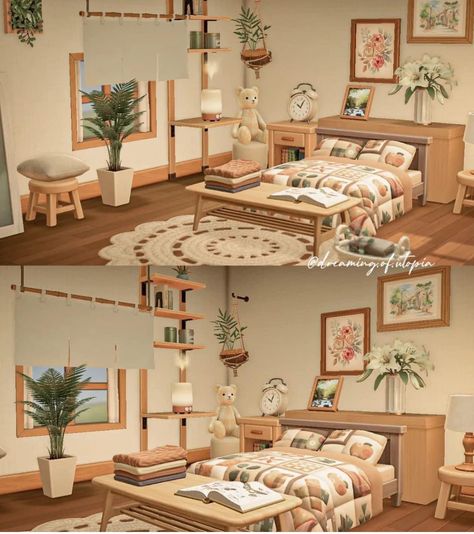 Acnl Interior Design, Acnh Cottage Bedroom, Animal Crossing Boho Bedroom, Bedroom Animal Crossing Ideas, Acnh Rattan Bedroom, Acnh Bed Rooms Ideas, Acnh Bedroom Design Cottagecore, Acnh Upstairs Bedroom Ideas, Acnh Small Bedroom Ideas