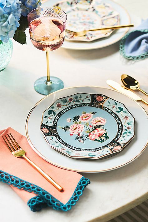 The Bibi Dessert Plate is a hand-painted stoneware piece that combines artisan craftsmanship with durable elegance, ideal for serving desserts with a touch of charm. | Bibi Stoneware Dessert Plate by Anthropologie in Blue, Size: DST PLATE Tableware Photography, Dinnerware Inspiration, Anthropologie Plates, Thanksgiving Dinnerware, Colorful Plates, Unique Dinnerware, Hand Painted Dishes, Etched Wine Glasses, Melamine Dinnerware