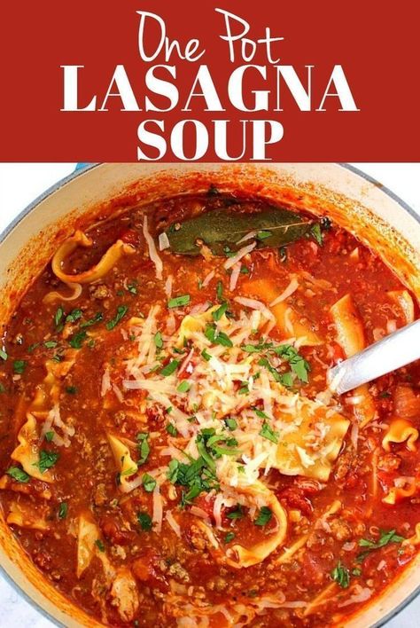 This Lasagna Soup is an easy and flavorful comfort food idea for busy days. Ground beef and noodles are cooked together in tomato based soup, then topped with ricotta and Parmesan cheese. #soup #lasagna Soup Lasagna, Dog Muffins, Easy Lasagna Soup, Oven Ready Lasagna, Creamy Carrot Soup, Lasagna Soup Recipe, Pot Lasagna, Roasted Tomato Soup, Delicious Clean Eating