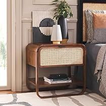 Wood And Rattan Furniture, Rattan Accent Wall, Reeded Nightstand, Rattan Furniture Bedroom, Nightstand Rattan, Cane Nightstand, Rattan Bedroom, Rattan Nightstand, Rattan Shelf