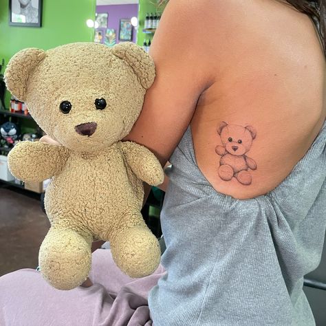 Childhood stuffed animal!! Absolutely in loveeeee with this whole idea and lil Bobo the teddy bear!🥹🧸 Childhood Bear Tattoo, Two Headed Teddy Bear Tattoo, Lamb Stuffed Animal Tattoo, Childhood Teddy Bear Tattoo, Childhood Toy Tattoo, Childhood Teddy Tattoo, Childhood Stuffed Animal Tattoo, Teddy Bear Tattoo Designs, Childhood Tattoo Ideas