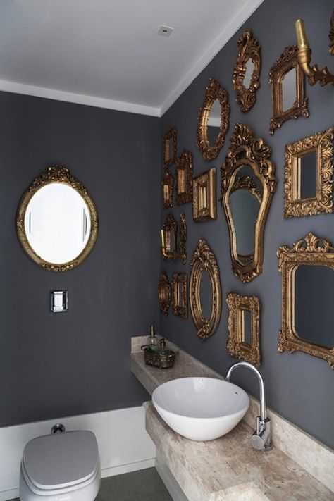 Gray and gold. Antique frames morphed into modern sculptural installation. Feng Shui Dicas, Coloured Bathroom, Sea Bathroom, Mens Bathroom, White Vessel Sink, Mirror Gallery, Mirror Gallery Wall, Framed Mirrors, Gilded Mirror