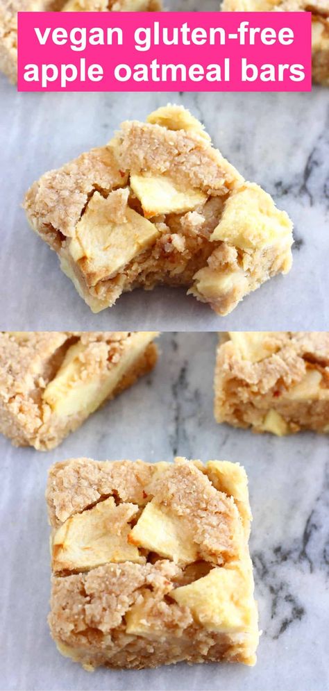 These Vegan Apple Oatmeal Bars are soft and chewy, lightly spiced and packed with chunks of sweet, juicy apples! They're quick and easy to make, require just a few simple ingredients, and the recipe is easily customisable. They're also gluten-free, dairy-free, egg-free and refined sugar free, and can also be made completely sugar free and oil-free. They're great for dessert, a snack or breakfast, and also perfect for meal prep and packed lunches. Egg Free Bars, Healthy Gluten Free Apple Recipes, Vegan Apple Oatmeal Bake, Easy Vegan Apple Dessert, Vegan Apple Recipes Easy, Vegan Gluten Free Apple Desserts, Vegan Oil Free Dessert, Wfpb Apple Recipes, Gluten Free Dairy Free Sugar Free Snacks