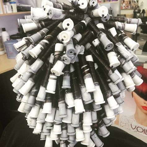 spiral perm on gray and white rods--215 rods!                                                                                                                                                                                 More Layered Spiral Perm, White And Larger Perm Rods Long Hair, White Rods Perm, White Perm Rods Curls, White Rod Perm, Perm On Medium Hair, Spiral Perms, Perm Curls, Hair Rods