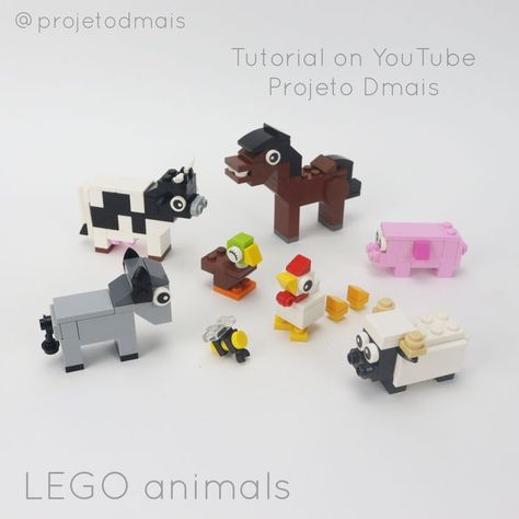 How to build lego farm animals (lego sheep, lego duck, lego donkey, lego chicken, lego cow, lego bee, lego pig, lego horse) / Video tutorial on youtube by Projeto Dmais Lego Chicken, Lego Duck, Lego Horse, Lego Farm, Farm With Animals, Horse Video, Lego Plane, Easy Lego Creations, Cute Wolf Drawings