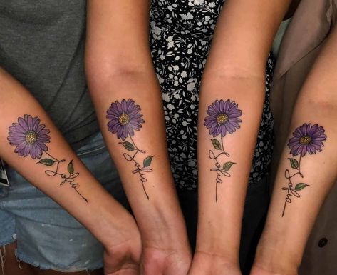 Deep Purple Flower Tattoo, Purple Memorial Tattoo, Aster Rose Tattoo, Dark Daisy Tattoo, Purple Flower Tattoo Designs, Purple Sunflower Tattoo, Purple Line Tattoo, Purple Tattoo On Dark Skin, Dark Purple Tattoo