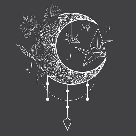 Aesthetic Heavenly Boho Crescent Moon Line Art. Esoteric crescent moon, flowers, stars, paper birds, line art. Vector line art of mystical celestial magic elements. Moon Line Art, Magic Elements, Moon Flowers, Vector Line Art, Celestial Magic, Moon Vector, Star Banner, Line Art Vector, Vector Line