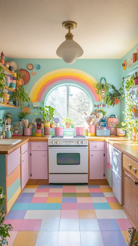 Boho kitchen with pastel colors, white tiles, colorful floor, plants, wooden cabinets, and a vibrant rainbow mural. Rainbow Tiles Kitchen, Colorful Aesthetic Kitchen, Utilizing Space In A Small House, Floral Cabinets Kitchen, Modern Colorful Kitchen Design, Colorful Kitchen Tiles, Candy Themed Kitchen, Vibrant House Decor, Cute Colorful Kitchen