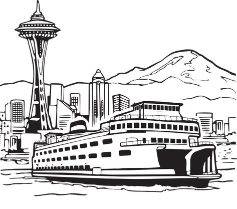 . Seattle Ferry, Seattle Space Needle, Art Pinterest, Space Needle Seattle, Sign Image, Ferry Boat, Photoshop Backgrounds, Idul Fitri, Black And White Illustration