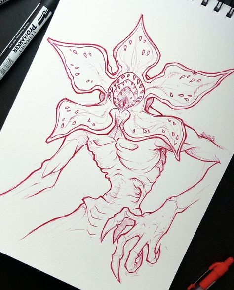 Demagorgan Drawings, Demogorgon Sketch, Demogorgon Fanart, Drawing Ideas Stranger Things, Movie Drawings Easy, Demogorgon Art, Demogorgon Drawing, Demogorgon Stranger Things, Horror Drawing