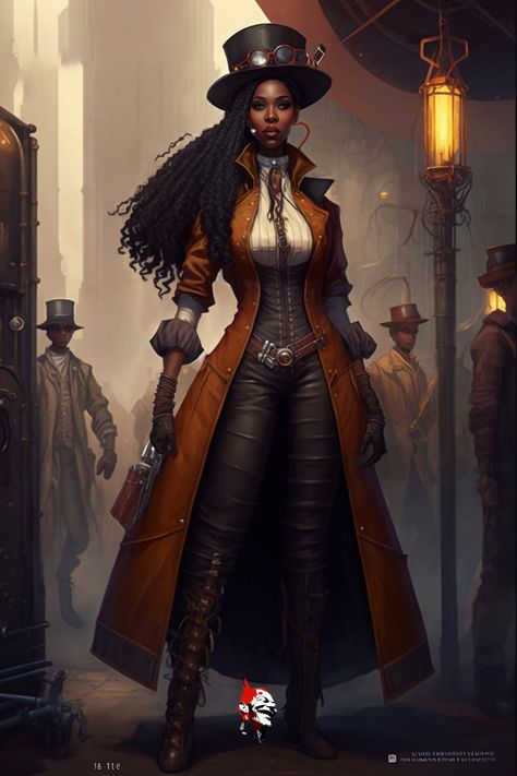 Steampunk Engineer Female, Steampunk Black Woman, Original Character Cosplay, Black Steampunk Character, African Steampunk, Steam Punk Character Design, Afro Steampunk, Time Traveler Outfit, Steampunk Pictures