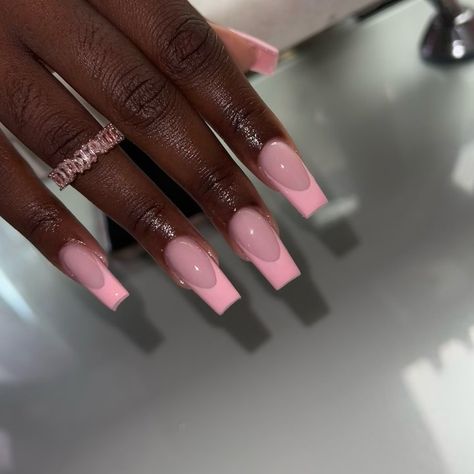 Pink French Tip Nails Long Coffin, Pink With Pink French Tip, Pink Base Pink French Tip, Powder Pink French Tip Nails, Pink French Tip With Pink Base, Pink Nails No Design, Pink French Tip Nails Design, Pink Nails With Pink French Tip, Pink Baby Shower Nail Ideas