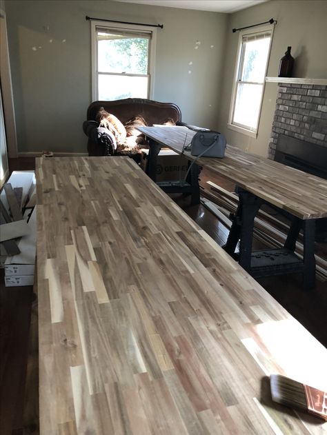 Acacia Butcher Block Countertops, Kitchen With Butcher Block Counters, Block Countertops, Butcher Block Counter, Butcher Block Countertops, Grey Cabinets, Butcher Block, Rustic Dining Table, Future House