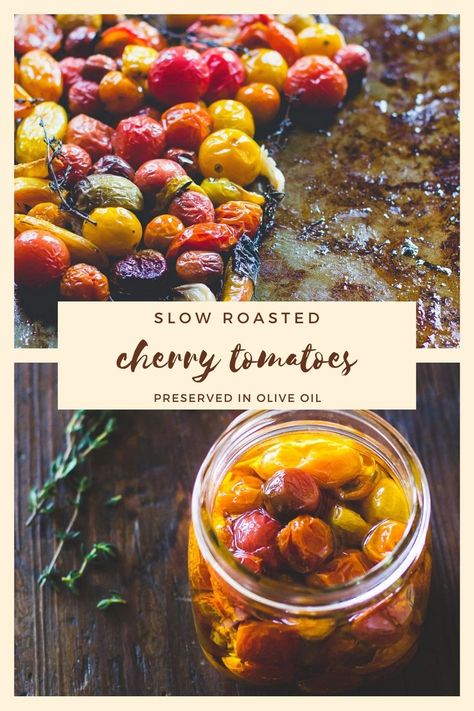 Preserving doesn’t get much easier than this. Slow roasted cherry tomatoes at low heat, with fresh herbs and garlic. Then cover them in olive oil and refrigerate for weeks. Preserved Cherry Tomatoes, Slow Roasted Cherry Tomatoes, Roasted Cherry Tomatoes And Garlic, Preserving Cherry Tomatoes, Preserve Cherry Tomatoes, Heartbeet Kitchen, Roasted Grape Tomatoes, Preserving Tomatoes, Pasta Bread