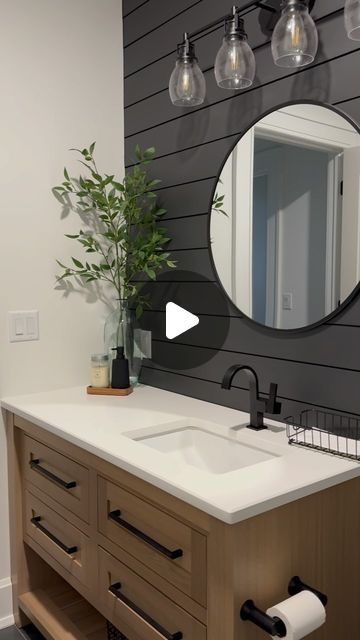 Erica Soutar on Instagram: "This has always been my favorite bathroom in our home.   I love the iron ore accent wall but should we color drench and really make it dark and moody? Let me know below 🤭😍 . . . #interiordesign #bathroomdesign #colordrench #accentwall #ironore #neutral #home" Dark Gray Accent Wall Bathroom, Sw Iron Ore Bathroom, Iron Ore Powder Room, Iron Ore Bathroom Walls, Iron Ore Bathroom, Black Wall Bathroom, Iron Ore Accent Wall, Grey Accent Wall, Dark And Moody