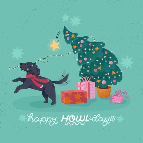 Dog Illustration Christmas, Christmas Puppy Illustration, Christmas Pets Illustration, Dog Christmas Illustration, Christmas Dog Drawing, Christmas Dog Illustration, Christmas Ads, Happy Pawlidays, Christmas Pets