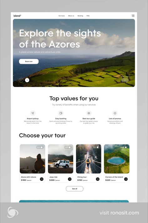 Hi everyone! We are thrilled to present the design of our new landing page for an app that allows users to book tours to the Azores Islands. 

The landing page for this travel app consists of several sections: the main block describing the service, a section highlighting the advantages, a tour selection block, a travel blog, and a section for purchasing tours. Simple Home Page Design Website, Social Media Section Web Design, Website For Projects, Blog Ux Design, Tour Guide Website Design, Website Design Inspiration Travel, Simple Web Design Inspiration, News Landing Page, Location Page Web Design