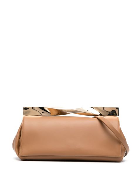 Aquazzura Clutch Twist Aus Leder In Praline/light Gold | ModeSens Gold Clutch Bag, Tone Calves, Brown Clutch, Gold Clutch, Leather Clutch Bag, Caramel Brown, Leather Clutch Bags, Leather Clutch, Magnetic Closure