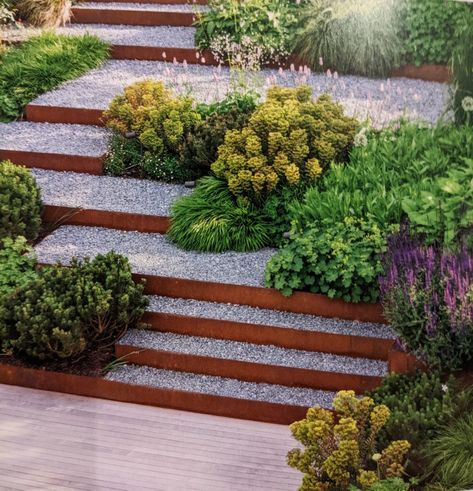 Steep Gardens, Sloped Backyard Landscaping, Terraced Landscaping, Terrace Garden Ideas, Landscaping On A Hill, Hillside Garden, Sloped Backyard, Garden Stairs, Tiered Garden