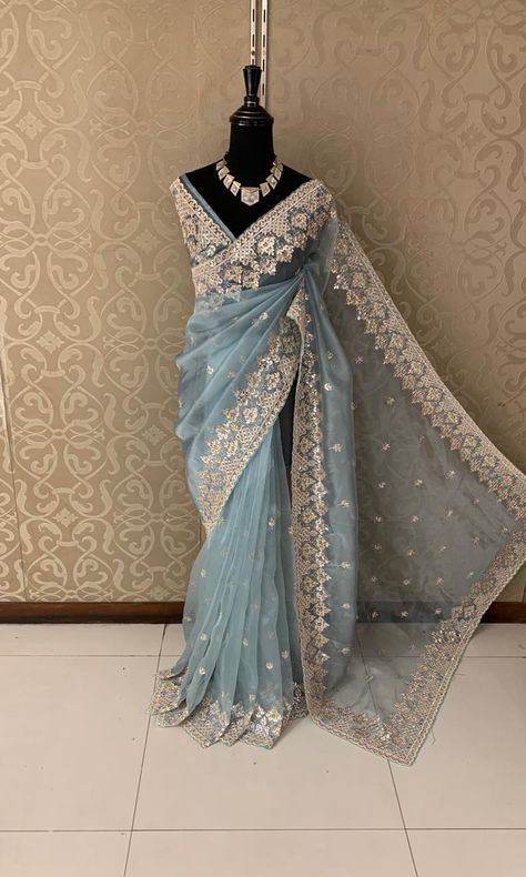 Organza fabric wid handwork sequins made saree .  Making time 25 days approximately Saree Prom Dress, Farewell Sarees School Ideas, Elegant Saree For Farewell, Dekha Dekhi, Sari Outfits, Reception Sari, Saree Couture, Sangeet Saree, Blue Organza Saree